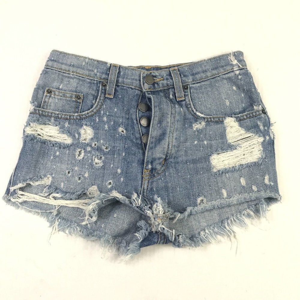 Carmar Womens Cotton Denim Short Blue Distressed Button Up Frayed Hem Size 25